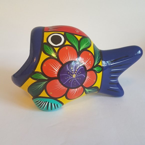 Vintage Mexican Folk Art Ceramic Big Mouth Fish Sponge Holder Hand painted Blue - Picture 8 of 16